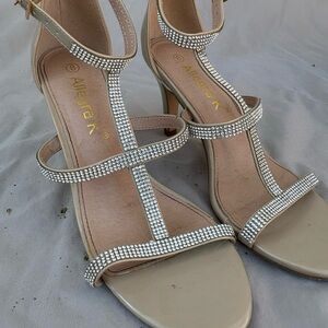 Allegra K Women's Rhinestone Strappy Sandals - Cream